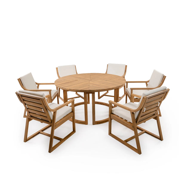 7-Piece Acacia Wood Round Patio Dining Set | 6 Padded Chairs