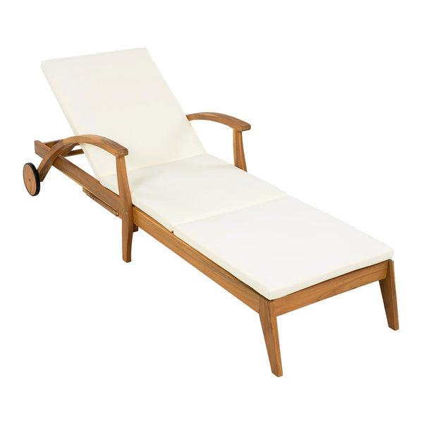 Acacia Wood Chaise Lounge with Wheels & Cushion | Teak & Cream