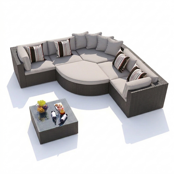 7-Piece Rattan Outdoor Sofa Set with Ottoman & Glass Table | Brown