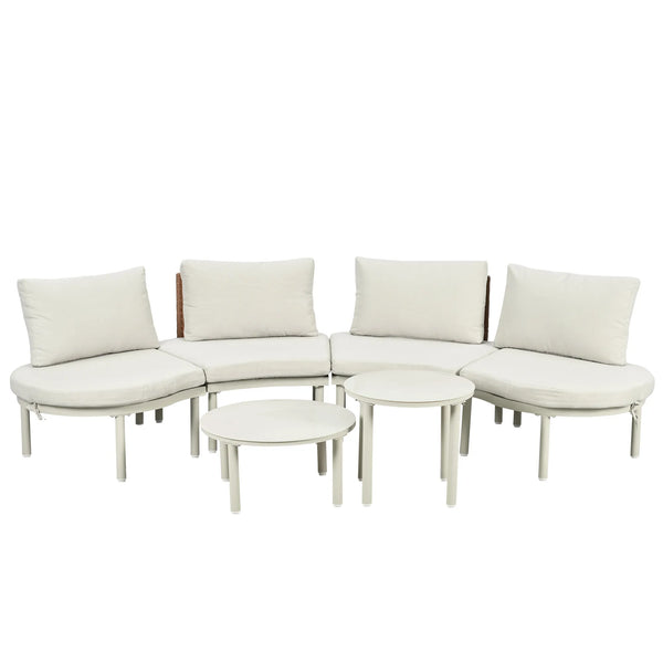6-Piece Half Moon Outdoor Sectional Sofa Set | PE Wicker, Tempered Glass Tables, 4 Pillows | Beige