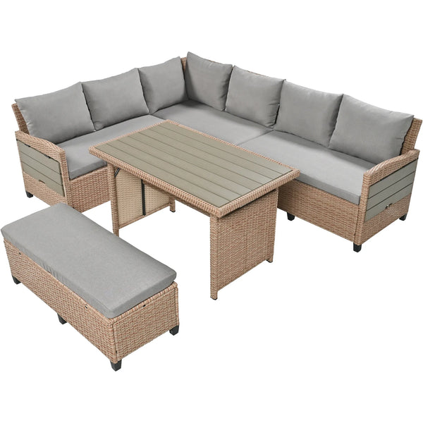 5-Piece L-Shaped Rattan Sectional Set with Extendable Tables | Brown